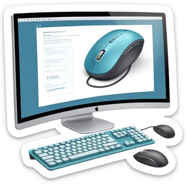 Create an emoji for UX/UI design. Large curved monitor, displaying UX/UI program design interface. Include a mouse, keyboard, and stylus, symbolizing the design process. Use modern, professional colors. Do not include any emojis or smiley faces. Make the background transparent. sticker