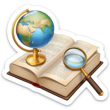 Icon for Non-Fiction Reading: an open book with pages filled with factual text, surrounded by a magnifying glass, a globe, and a stack of reports. The icon should convey the investigative and informative nature of documentary and non-fiction literature. Transparent background. sticker