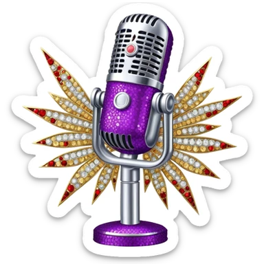 Create a glamorous and vibrant emoji representing stage vocal performance. The design should feature a humanless collage of classic vintage microphone, stage costume covered in rhinestones, sparkling brightly. The costume should be stylized, with glittering elements like sequins and sparkles, and reflect the glitzy, extravagant nature of show business. The microphone should have a sleek, retro look with chrome or metallic accents. Use rich, dazzling colors like gold, silver, deep purple, and bright red to evoke the glamorous, larger-than-life feel of a stage performance. The background should be transparent. sticker