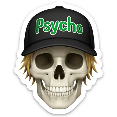 Create a skeleton head wearing a black baseball cap that says " Psycho " in Green, and white lettering, with dirty blonde hair sticker
