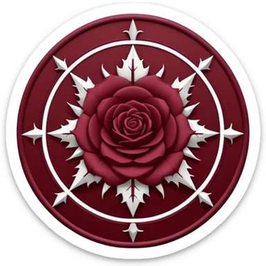 Minimalist thorned rose sigil, circular crest design, deep wine red (#7A0F1E) line art on transparent background, clean vector style, symmetrical, elegant gothic aesthetic, thin lines, flat design, no gradients, centered icon, discord emoji style sticker