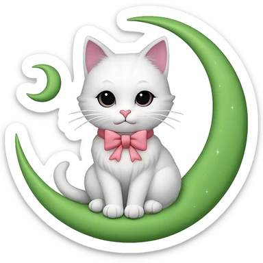 Change the crescent moon to green, keep the white cat with pink bow, in emoji style with no background. sticker