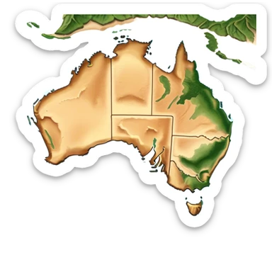 Outline and Landmass of Australia – Cinematic-realistic map of Australia, featuring its distinct coastline and iconic landmass shape. The deep blue ocean surrounds the golden-brown continent, with subtle topographic details highlighting its vast deserts, lush forests, and rugged coastline. A soft glow accentuates the edges, making the shape unmistakable. sticker