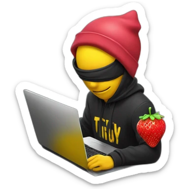 a guy with a strawberry head wearing a thief's outfit, he's in front of a laptop with a mask over his eyes and a thief's cap, on his back he has a yellow thug bag with a dollard sign on it. sticker