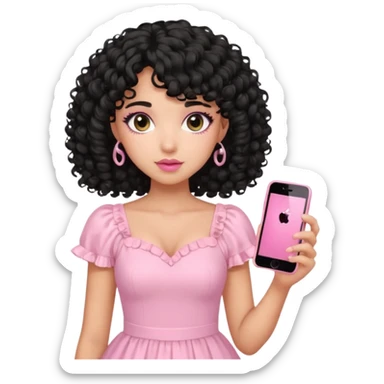 uma menina fofa de pele oliva e cabelos pretos encaracolados e com franja encaracolada e um vestido rosa pastel detalhado e maquiagem levemente rosada enquanto segura um iphone rosa sticker