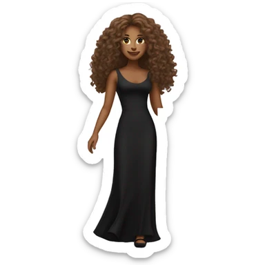 Tan woman with long curly hair in a black dress and heels holding a sign sticker