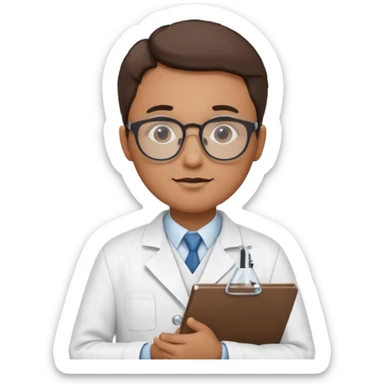 scientist with glasses and lab coat holding a clipboard or study, stylized sticker
