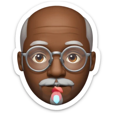 African american male, bald, gray beard. Round face, glasses sticker