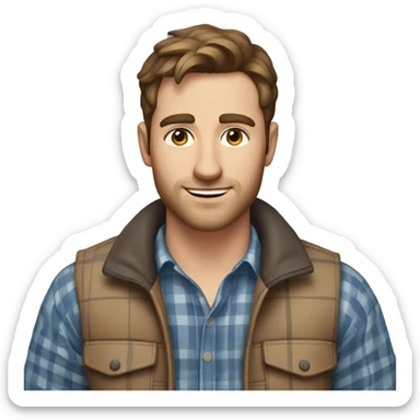 a white 30 year old man with brown hair and stubble in a plaid shirt and gilet  sticker