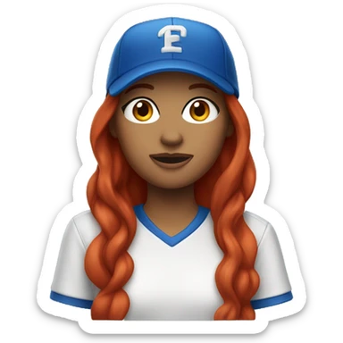 front facing standing up female coach with long red hair, wearing a white t-shirt and a simple baseball blue hat sticker