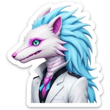 White badass elegant wild beautiful natural cute badass epic anthro modern albino sergal-vernid-creature with cyan mane and magenta eyes with cyan edgy stripes, full body, blue pretty hair, outside, modern, aesthetic, art by LiLaiRa, art by art by Falvie sticker