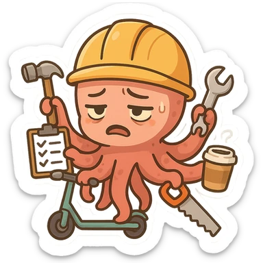 An overwhelmed construction worker with an octopus body and helmet, tired expression. Tentacles grasp a hammer, checklist, wrench, saw, coffee cup, and electric scooter, emphasizing multitasking and stress. sticker
