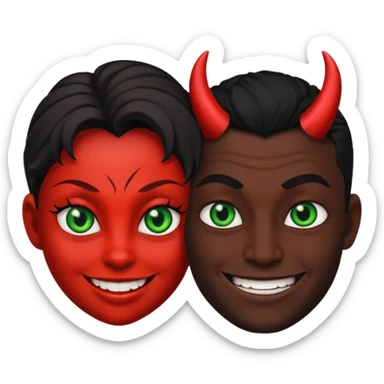 two evil persons (male and female) with devilish smile and black face and green eyes sticker