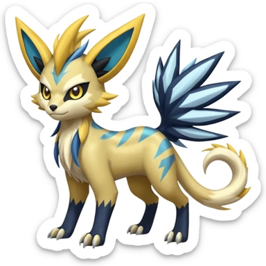 Feral Scaly Striking Slaying Badass Evil Handsome Lightning-patterned Zig-zagged buzzy fuzzy Meloetta-Renamon-Zeraora-Luxray-Cobalion-Absol-Vernid-fusion-hybrid-creature, full body  sticker
