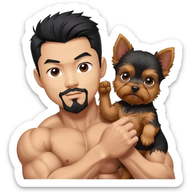  Holding yorkie Korean Asian handsome man with black pointy hair full goatee and body builder biceps sticker