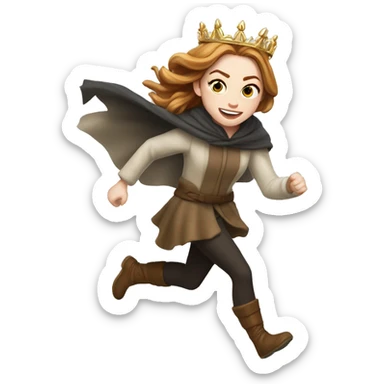 Emma Stone running, with a large stride and arms outstretched, wearing an icicle crown and winter cloak, long golden brown hair sticker