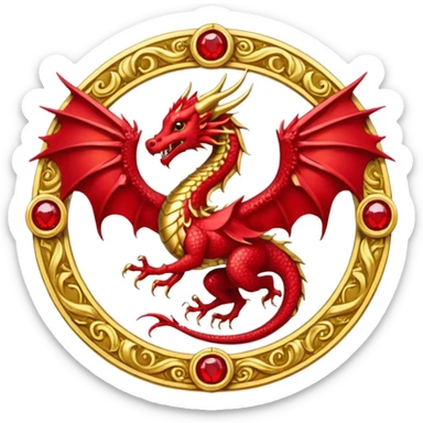 Golden Dragon with wings crest/brosch in a circle with red gems sticker