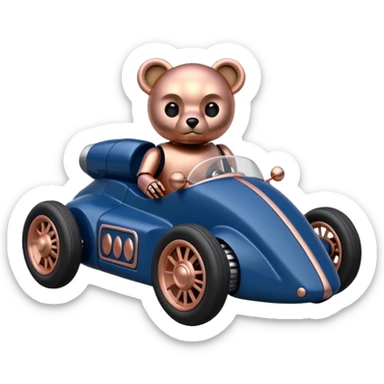 Real-proportional dark blue and rosegold-accented  retro racing car driven by furry-faced small evil alien scary robot teddy bear with rear spoiler (Star Wars style) sticker