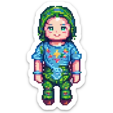 Convert this character to Minecraft style, blocky pixelated look, keep colors and main features. sticker