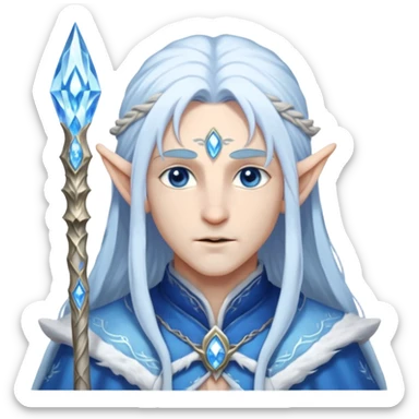 Legendary fantasy Christmas elf portrait icon, Santa Claus and Snow Maiden inspired, ancient winter spirit style, long flowing white-blue hair, glowing frost eyes, crystal staff, elegant elven features, divine winter magic aura, icy silver color palette, highly detailed but clean emoji icon male sticker