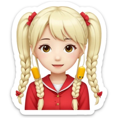 Cute kawaii emoji-style Japanese K-pop girl, long platinum blonde hair in twin tails, red outfit, Japanese K-pop idol vibes, big sparkling eyes, chibi proportions, clean lineart, pastel colors, cheerful idol smile, sticker/emoji style, transparent background sticker