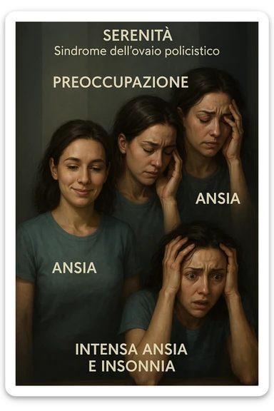 vertical realistic illustration in Italian: progression of anxiety in a woman with polycystic ovary syndrome, from serenity to intense anxiety and insomnia. Clinical atmosphere, dramatic lighting, Italian captions, aspect ratio 2:3. sticker