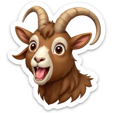 Cinematic Cute Yawning Brown Goat Portrait Emoji, Head tilted slightly with a dramatic, wide-open yawn, showcasing a soft, downy brown fur with delicate horns and gently drooping ears, round eyes barely open in drowsy contentment, Simplified yet irresistibly adorable features, highly detailed, glowing with a soft, cozy glow, high shine, relaxed yet expressive, stylized with a touch of rustic whimsy, bright and endearing, soft glowing outline, capturing the essence of a sleepy yet affectionate goat, so drowsy it feels like it could stretch out of the screen and curl up for a nap! sticker
