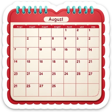 a monthly calendar labeled “August,” with rounded square date boxes, scalloped border frame, playful red doodle lines, and a cozy planner vibe. Minimal kawaii style, flat pastel color palette, slightly imperfect sketch lines, centered object, no background sticker