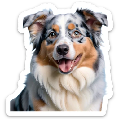 Cinematic Cute Yawning Tan Point Blue Merle Australian Shepherd Portrait Emoji, Head tilted slightly with a dramatic, wide-open yawn, soft blue merle fur with prominent tan points and crisp white accents, floppy ears slightly drooping, round blue eyes barely open in drowsy contentment, Simplified yet irresistibly adorable features, highly detailed, glowing with a soft, cozy glow, high shine, relaxed yet expressive, stylized with a touch of whimsy, bright and endearing, soft glowing outline, capturing the essence of a sleepy yet affectionate pup, so drowsy it feels like it could stretch right out of the screen and curl up for a nap! sticker