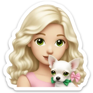 pale blond girl with wavy long platinum hair with green eyes holding a white chihuahua puppy that wearing a pink bow sticker