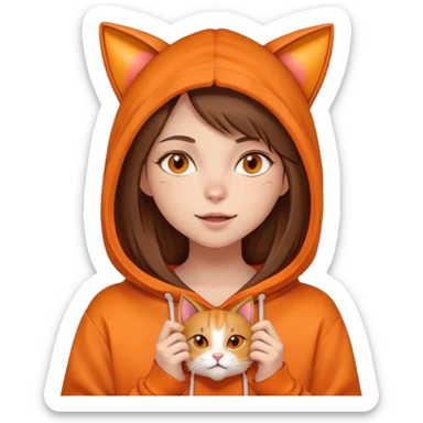 Una niña piel blanca, pelo castaño y lacio, ojos color miel, con un poleron naranja que en el gorro tiene una cara y orejas de gato, mordiendo un corazón naranja  sticker