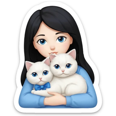 black hair woman snuggling white Persian cat with a blue bow sticker