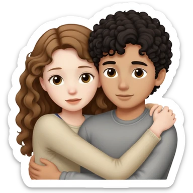 girl with long light brown hair and pale skin hugging a boy with short black curly hair and tanned skin sticker