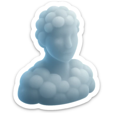 person made entirely of white fluffy convex clouds, shoulder up, front view, matte glass style, no background sticker