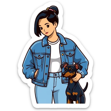 girl wearing denim jacket holding a Doberman sticker