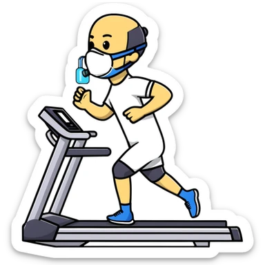 Runner on treadmill wearing oxygen consumption mask with tubes and sensors, VO2 max test in progress sticker