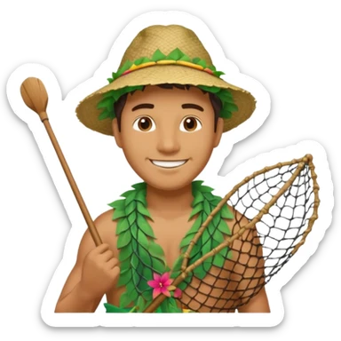 Hawaiian man with leaf hat and big fishing net and colorful cloth sticker