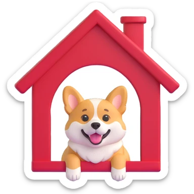 red dog house with a Corgi dog peeking out, 3D emoji style sticker