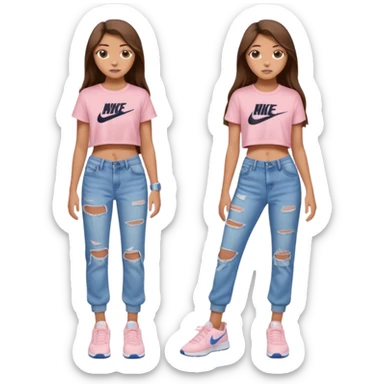 preppy teenage girl, tan, less blonde highlights, brown long hair, long eyelashes, beach aesthetic, wearing cute clothes, wearing ripped blue long baggy jeans with a light pink sexy crop top, wearing Nike shoes, very sexy, very long eyelashes, very pretty sticker