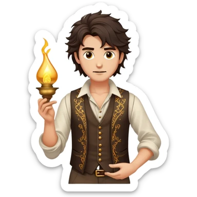 Cinematic Realistic Aladdin Portrait, depicted with lifelike, warm skin textures and a confident yet approachable gaze. His dark, wind-tousled hair frames expressive eyes full of adventure and kindness. Dressed in his iconic vest and loose trousers with intricate detailing, he holds a subtle glimmer of a magic lamp, all rendered under soft natural lighting with a radiant glow that captures his resourceful spirit. sticker