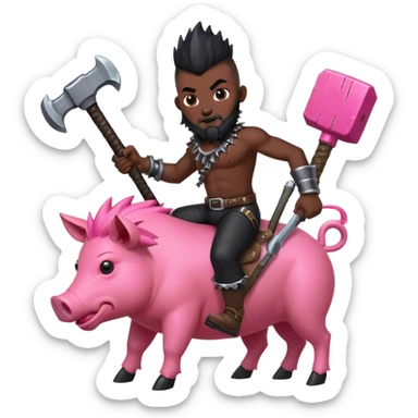 an african man with a black mohawk (not spiky) and a beard, the man has a big hammer weapon and rides a pink hog sticker