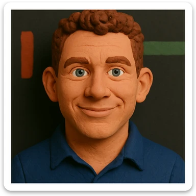 Claymation portrait with a younger face, narrower nose, narrower chin, friendly and confident facial expression, slightly larger forehead, anthracite background, alternative color accents. sticker
