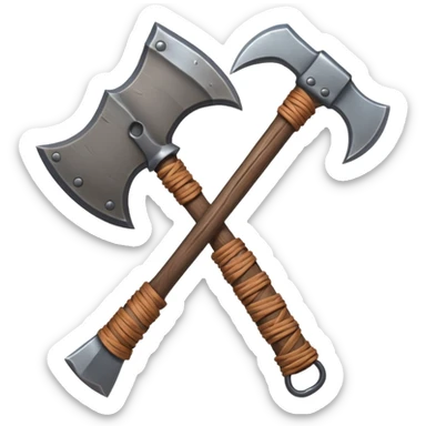 barbarian axe object icon, huge double-bladed axe, rough metal, wooden handle, leather wraps, fantasy style, 3D cartoon, mobile game icon style, centered, clean background, soft shadow, no text, no watermark
 sticker