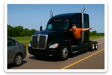 Zoom the scene out even farther, showing more of the road and landscape, with the black Kenworth W680 semi truck featuring a chrome stack, an angry bald driver wearing an orange shirt and baseball cap with his arm out the window, following a car. The scene should remain bright and vibrant. sticker