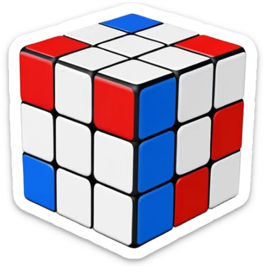 A partially solved 3x3 Rubik's Cube with only blue, red, and white colors, simple clean iOS emoji style sticker