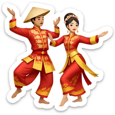 Cinematic Realistic scene of two performers executing a traditional Vietnamese folk dance, adorned in intricately patterned traditional costumes, captured in fluid motion with soft, culturally rich lighting sticker