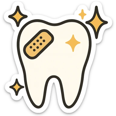 flat toon style tooth with a bandage and sparkles sticker