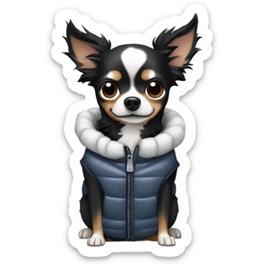 All Black chihuahua Chinese crested mix wearing a puffer vest sticker