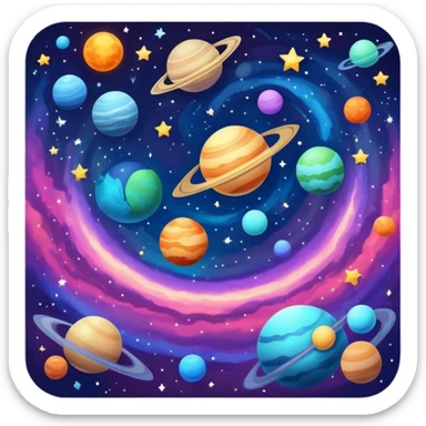A cosmic scene with stars, planets, and galaxy sticker