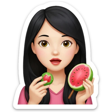 A girl with long black hair holding a piece of guava hard candy and pretending to eat it sticker